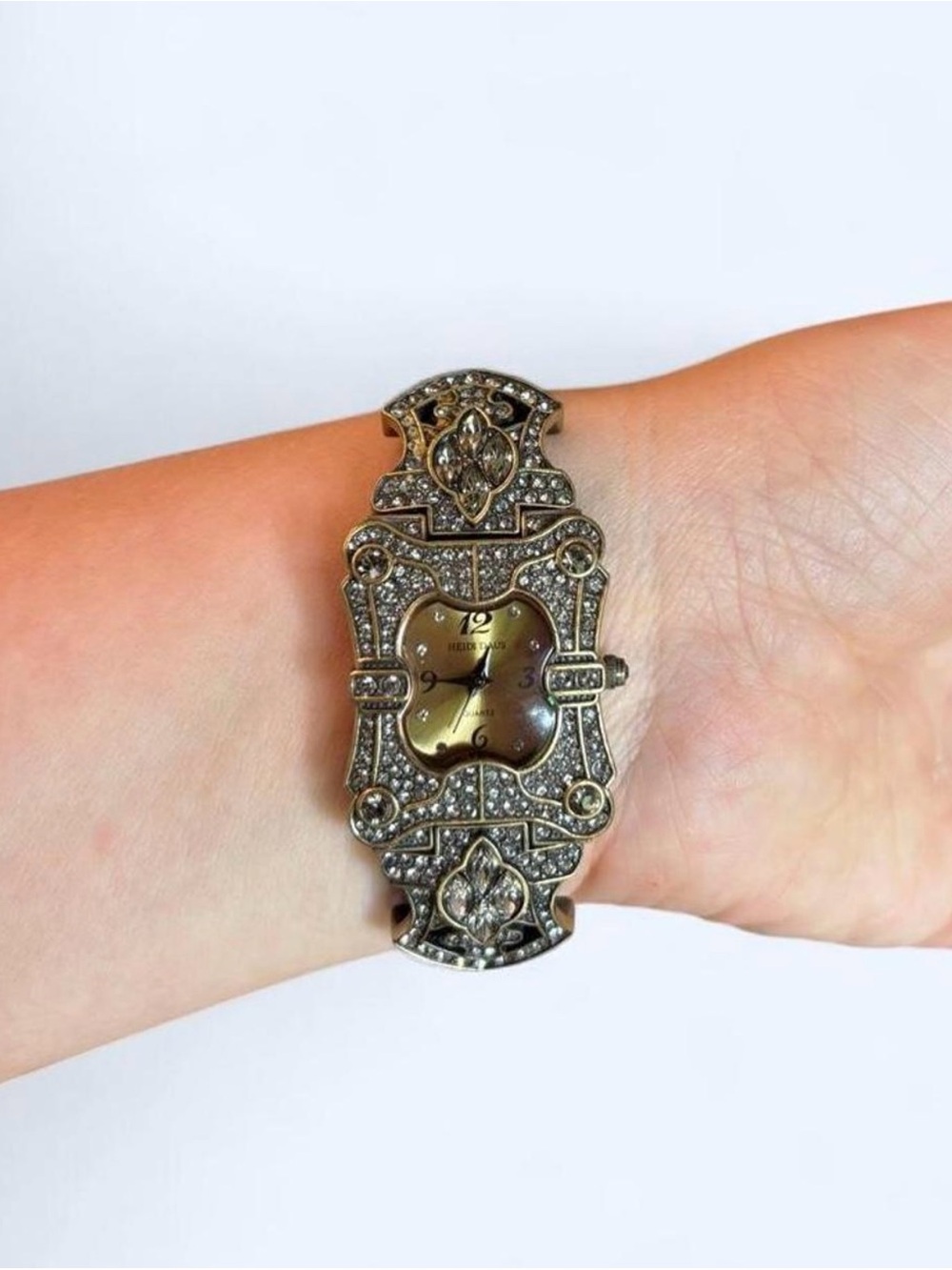 Heidi Daus Art Deco Swarovski Crystal Watch Bronze Tone Black Leather Strap Vtg